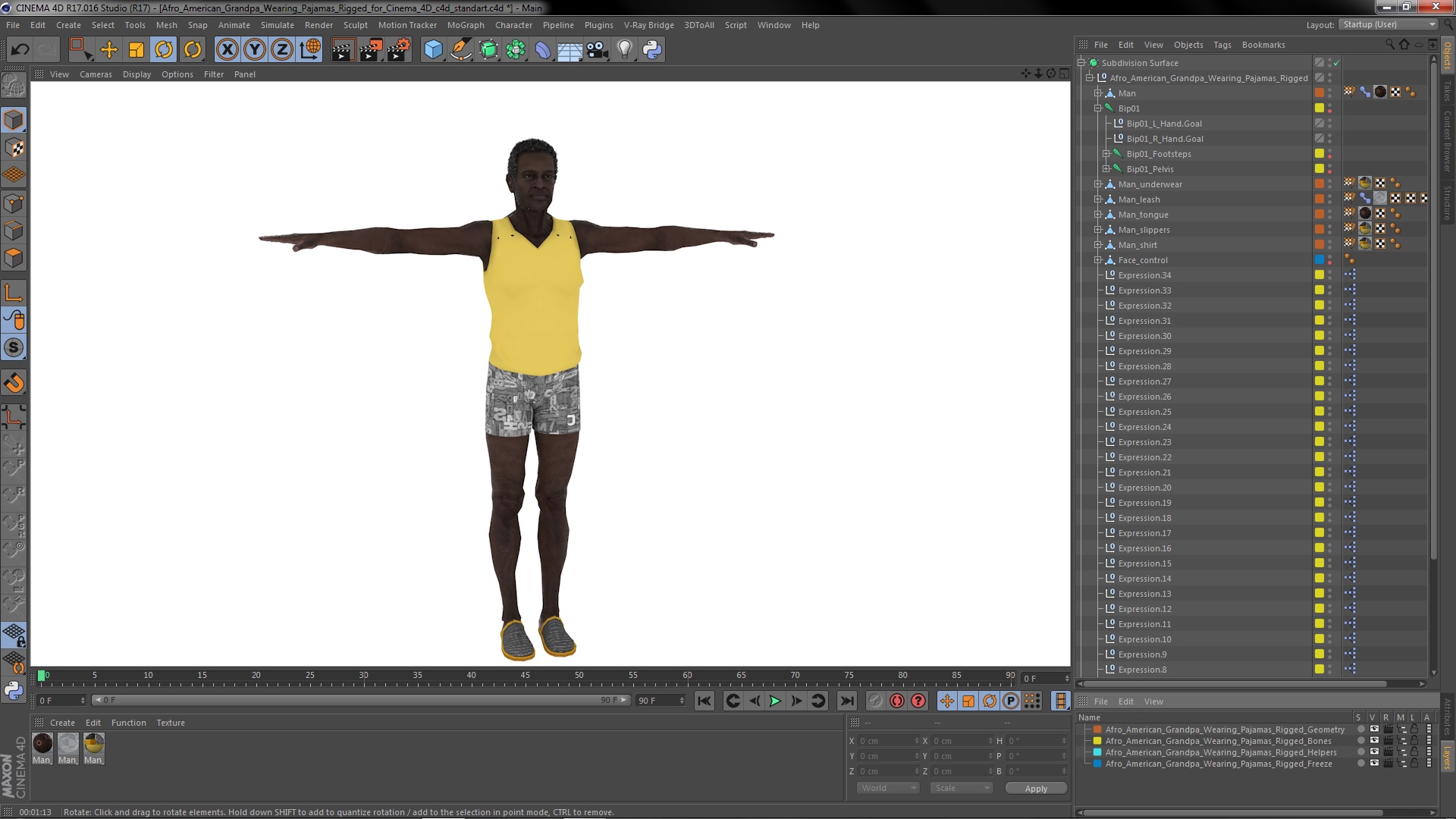 3D Afro American Grandpa Wearing Pajamas Rigged for Cinema 4D model