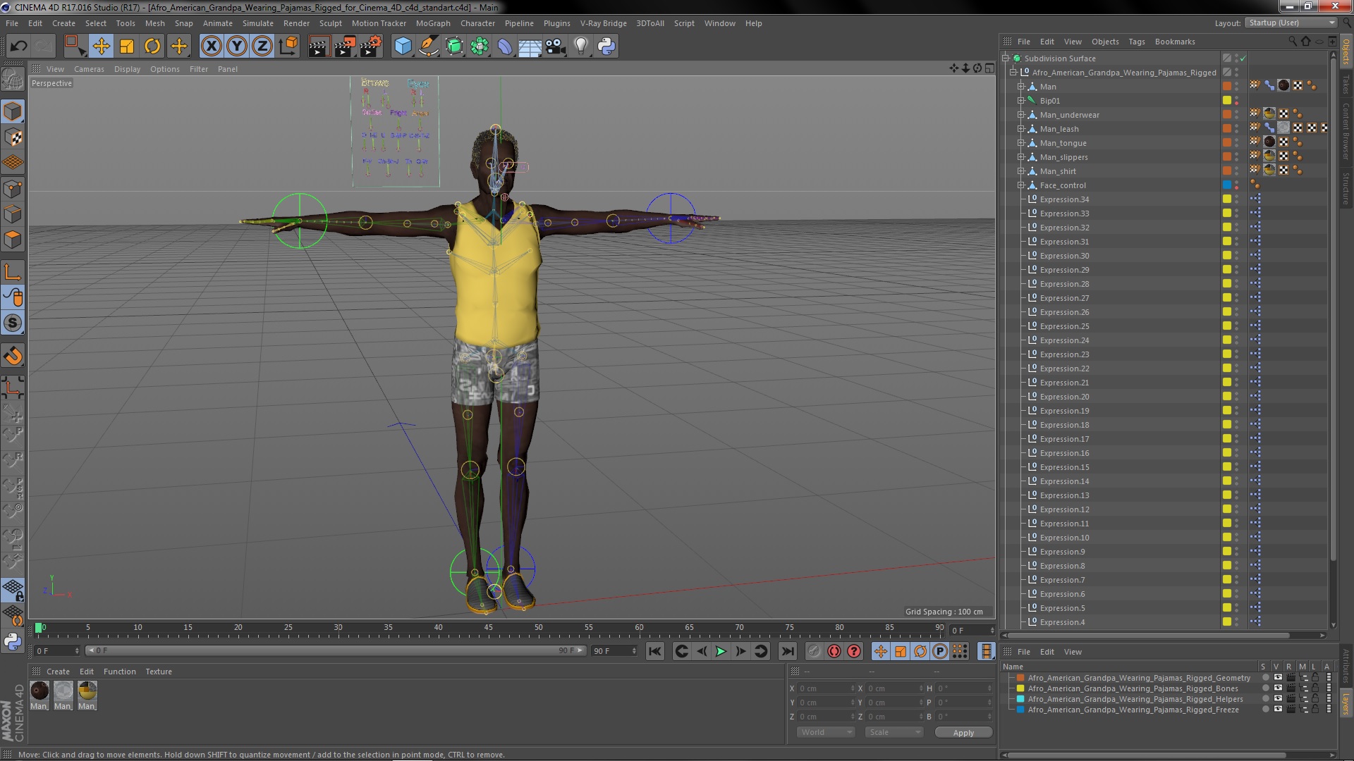 3D Afro American Grandpa Wearing Pajamas Rigged for Cinema 4D model