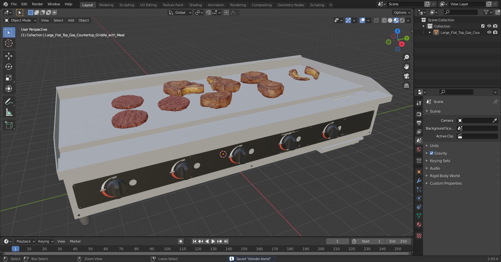 Large Flat Top Gas Countertop Griddle with Meat 3D