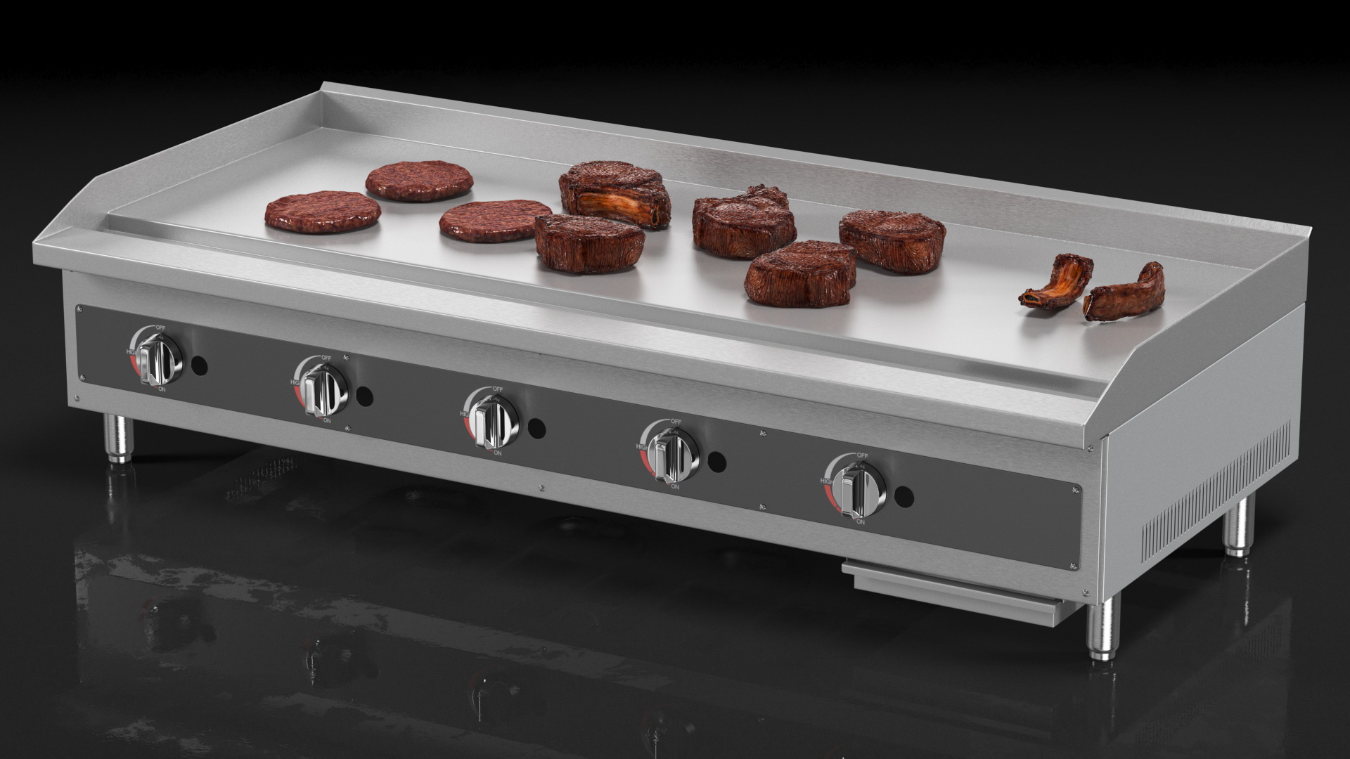 Large Flat Top Gas Countertop Griddle with Meat 3D