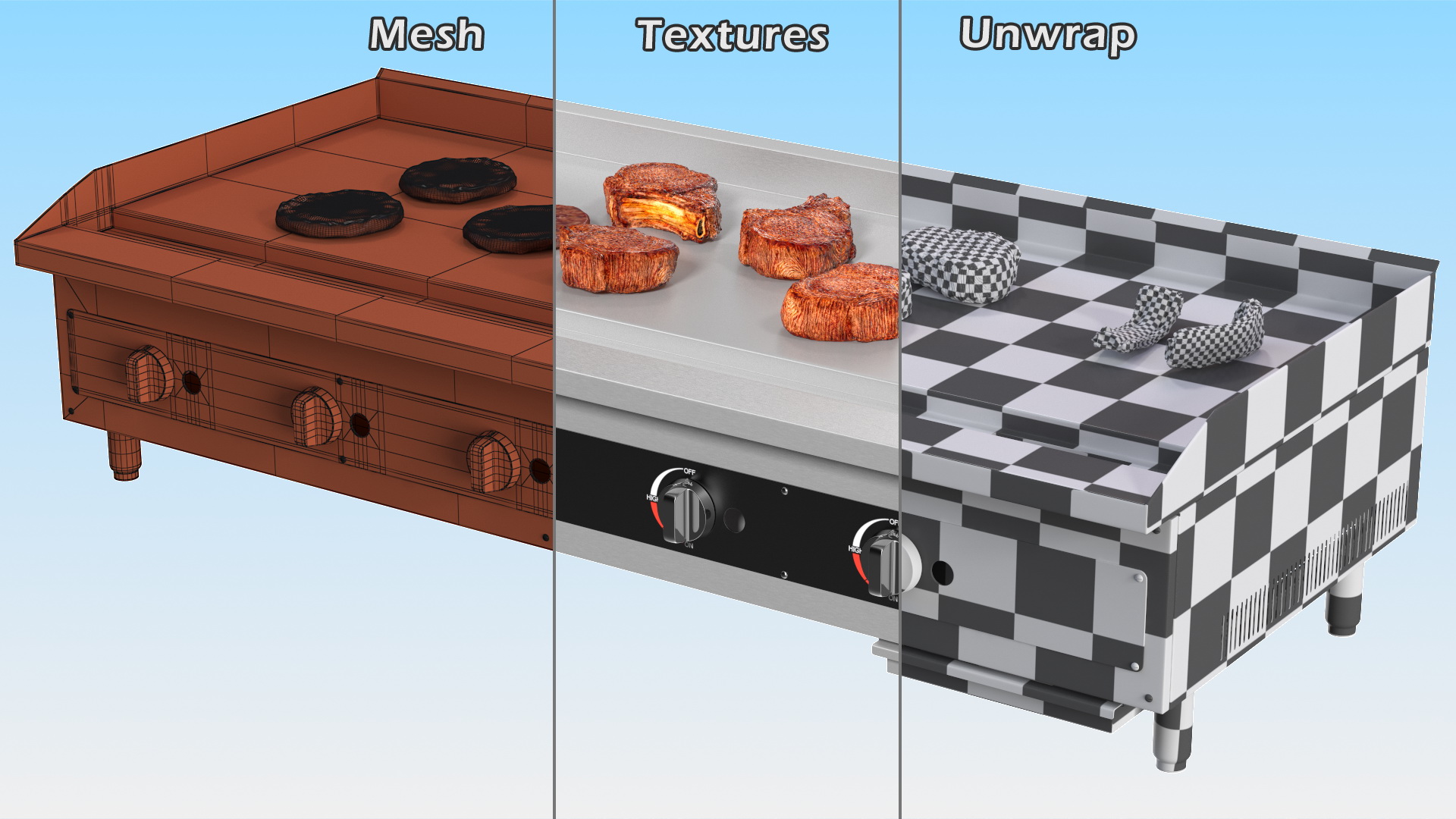 Large Flat Top Gas Countertop Griddle with Meat 3D