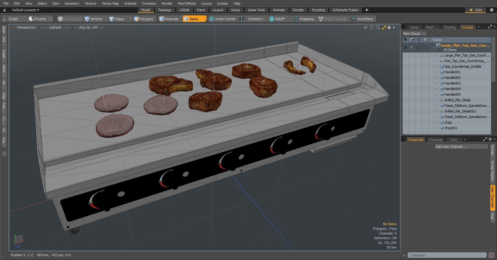 Large Flat Top Gas Countertop Griddle with Meat 3D