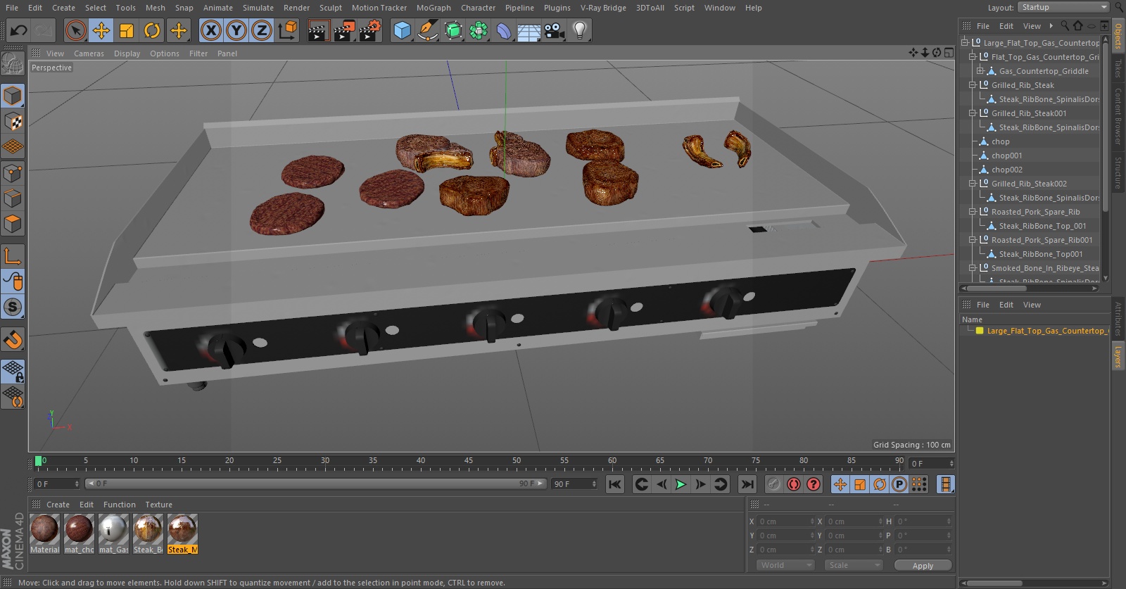 Large Flat Top Gas Countertop Griddle with Meat 3D