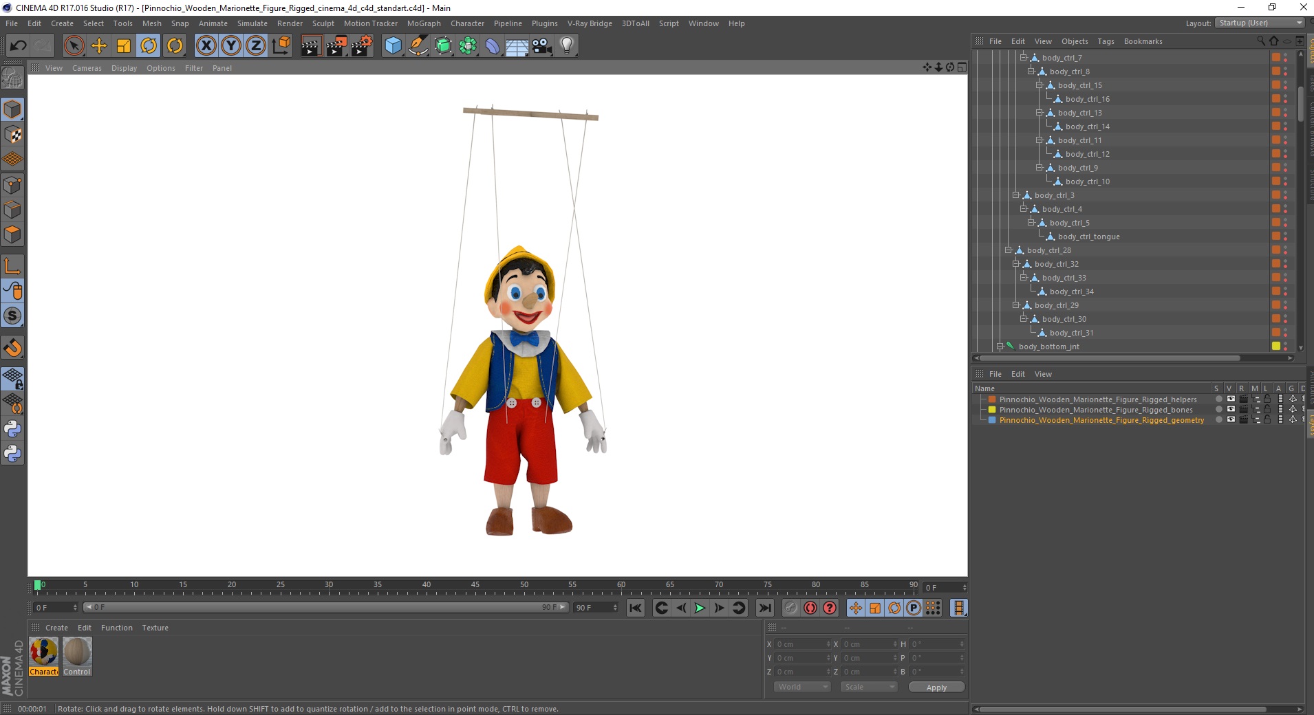 3D model Pinnochio Wooden Marionette Figure Rigged for Cinema 4D