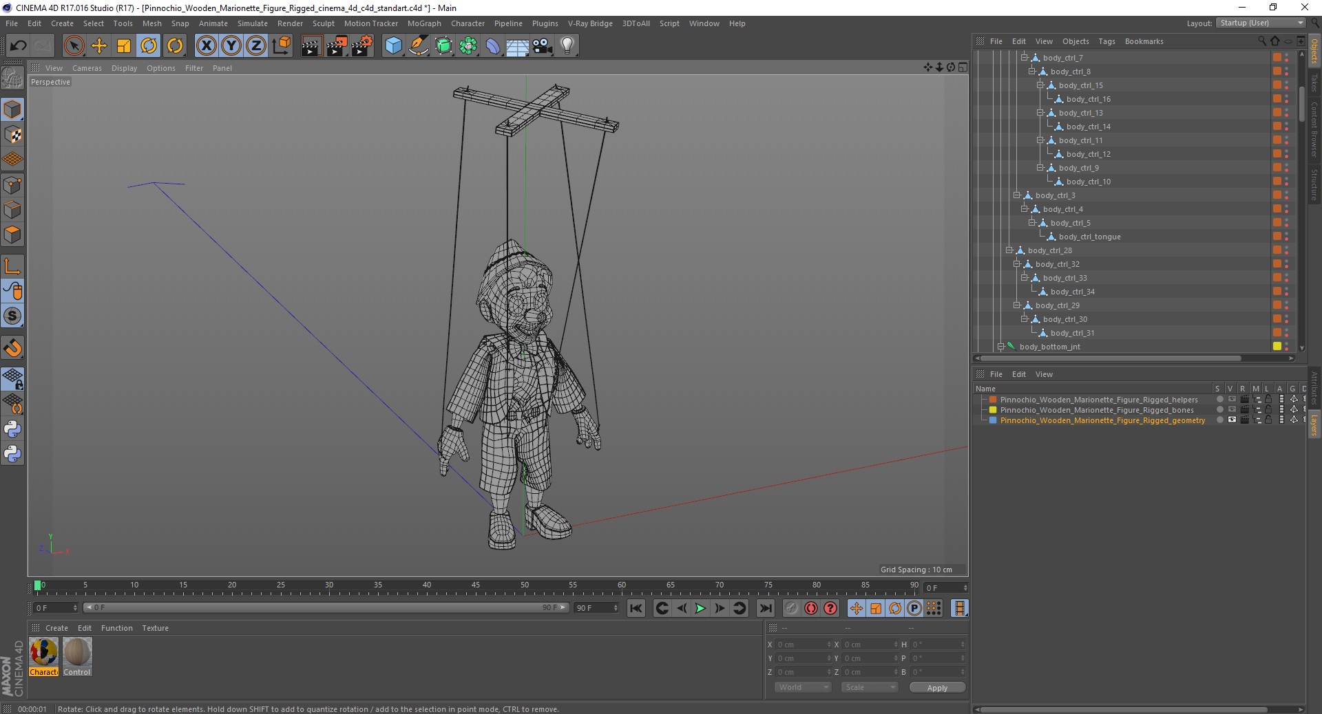 3D model Pinnochio Wooden Marionette Figure Rigged for Cinema 4D