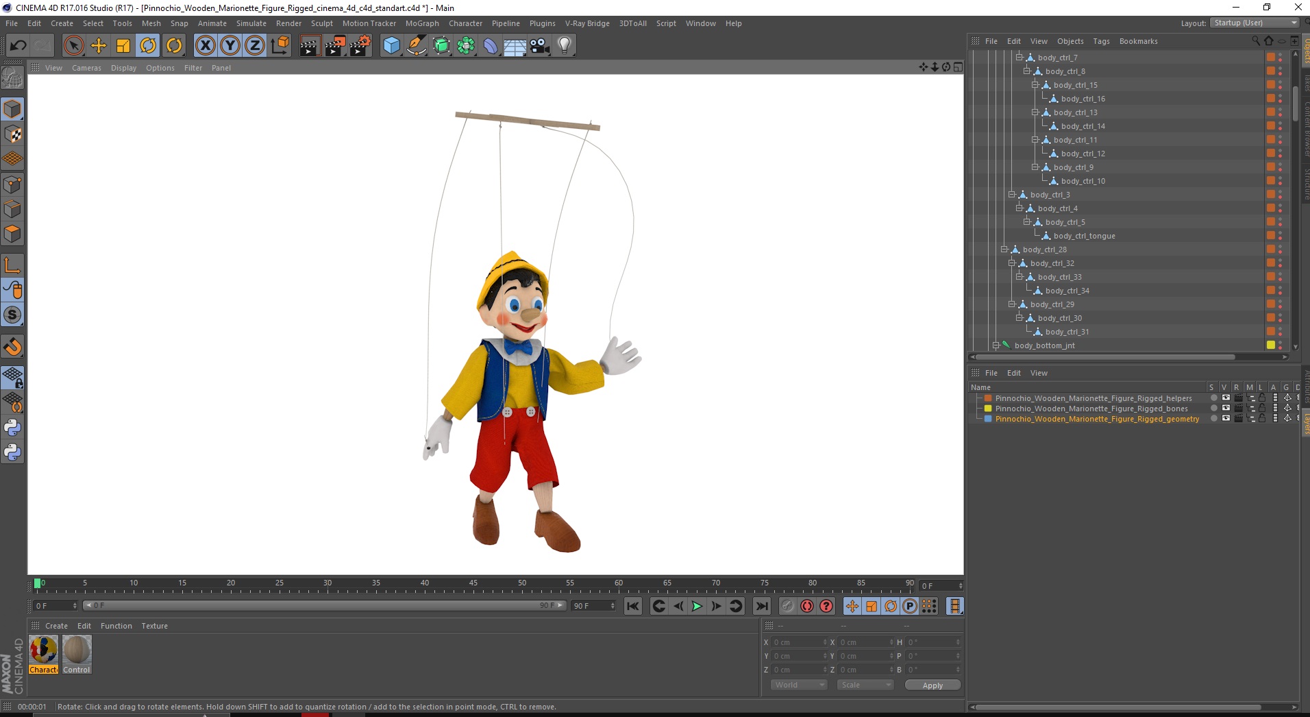 3D model Pinnochio Wooden Marionette Figure Rigged for Cinema 4D