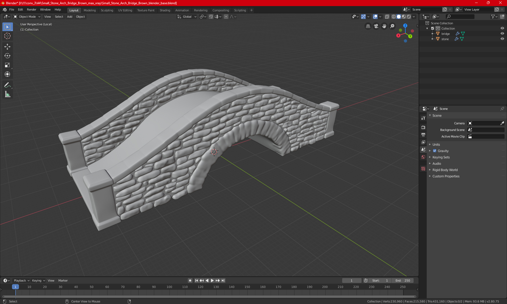 Small Stone Arch Bridge Brown 3D model