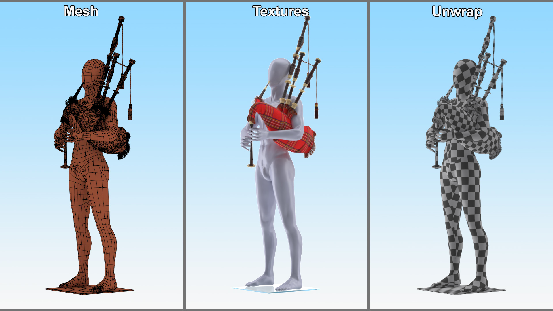 3D Mannequin with Scottish Red Bagpipes