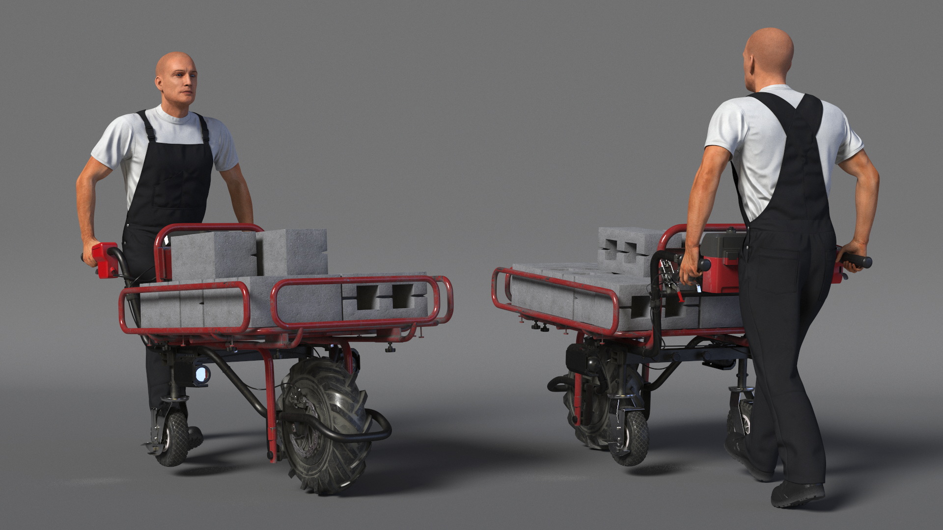 3D Worker with Filled Wheelbarrow Concrete Bricks