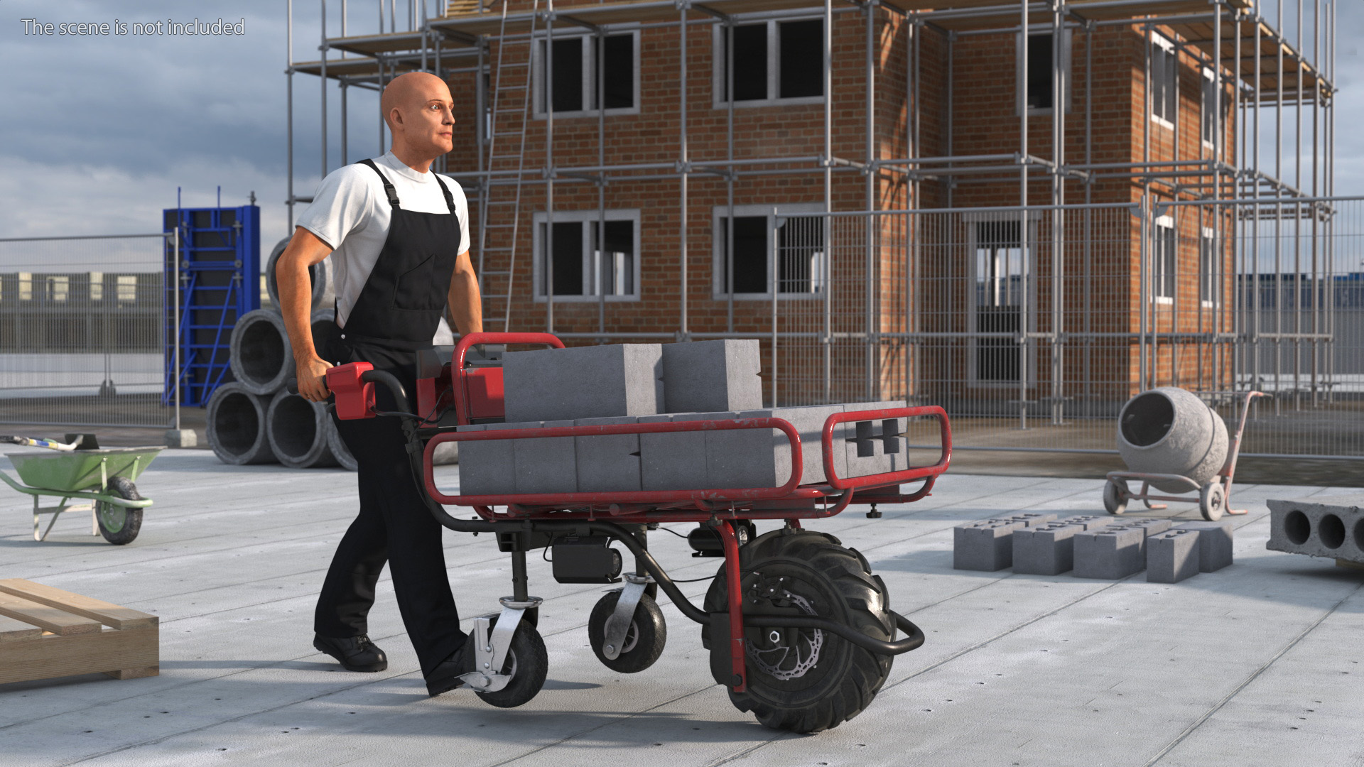 3D Worker with Filled Wheelbarrow Concrete Bricks