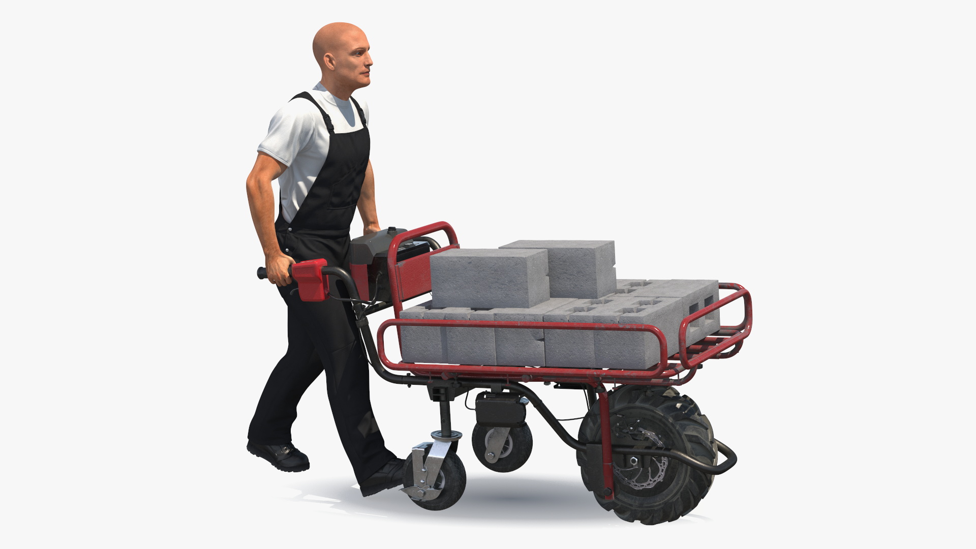 3D Worker with Filled Wheelbarrow Concrete Bricks