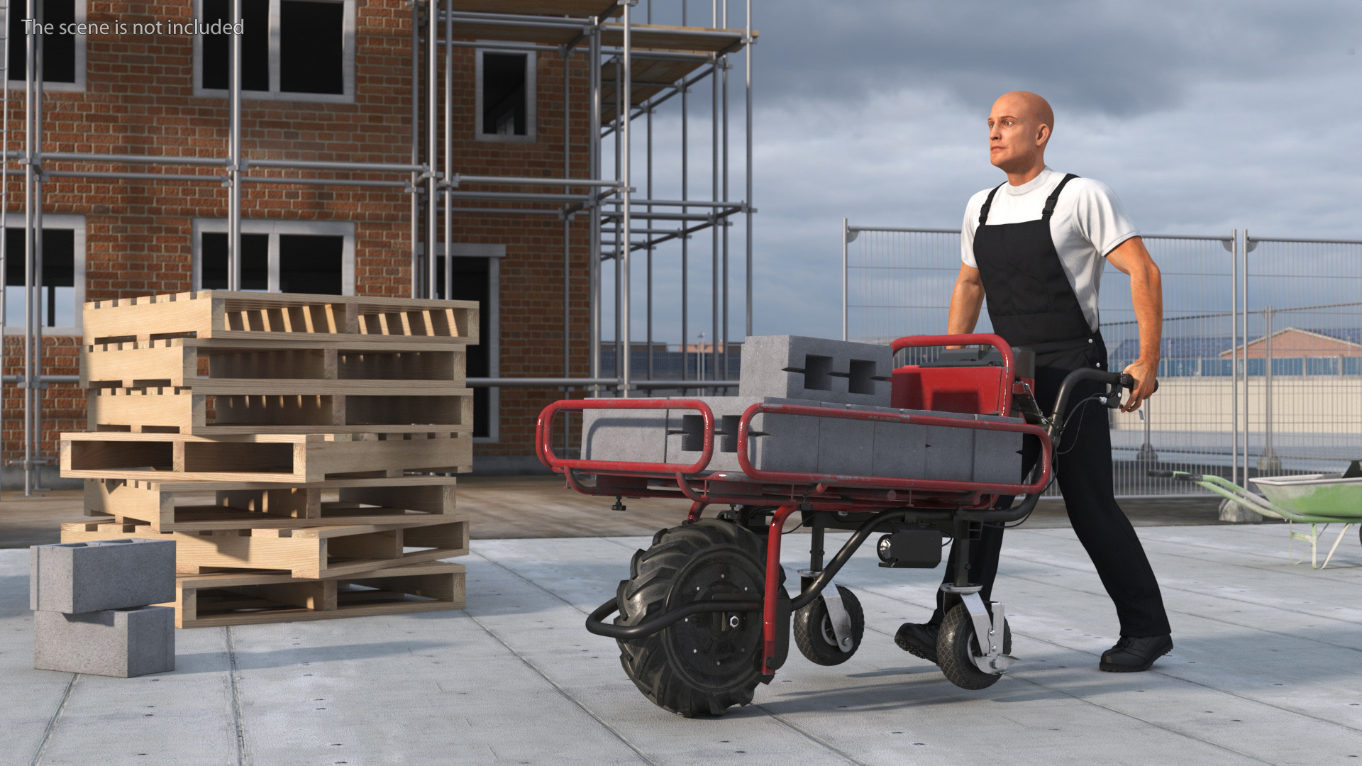 3D Worker with Filled Wheelbarrow Concrete Bricks