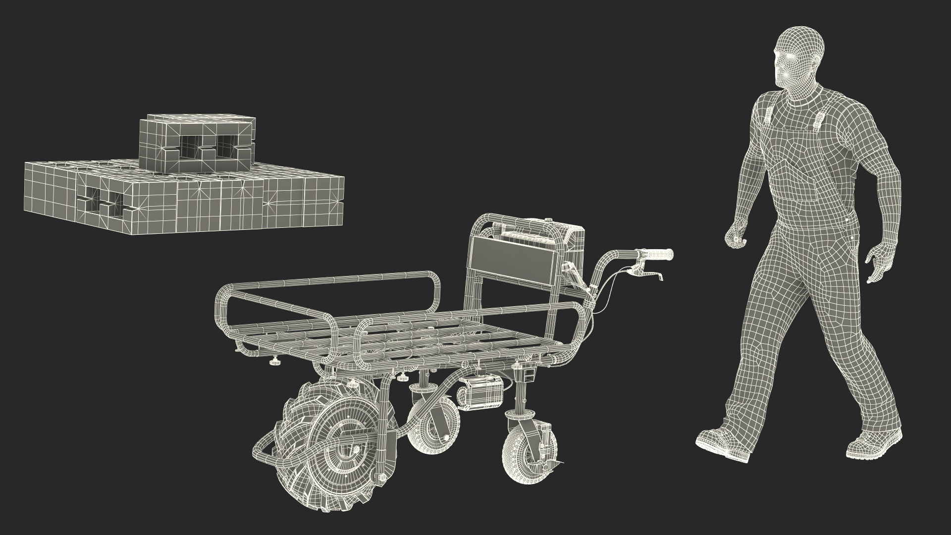 3D Worker with Filled Wheelbarrow Concrete Bricks