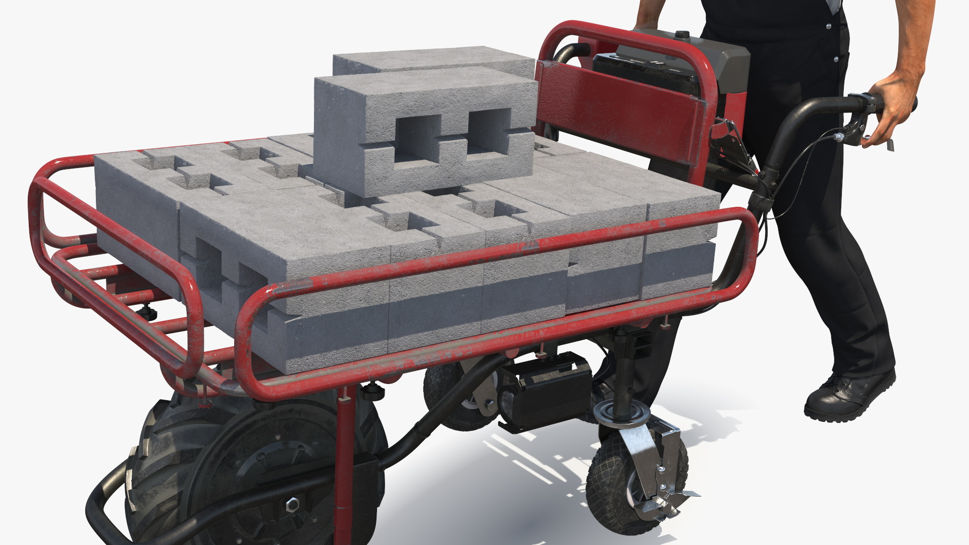 3D Worker with Filled Wheelbarrow Concrete Bricks