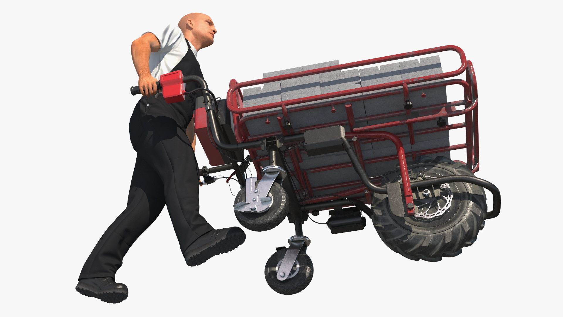 3D Worker with Filled Wheelbarrow Concrete Bricks