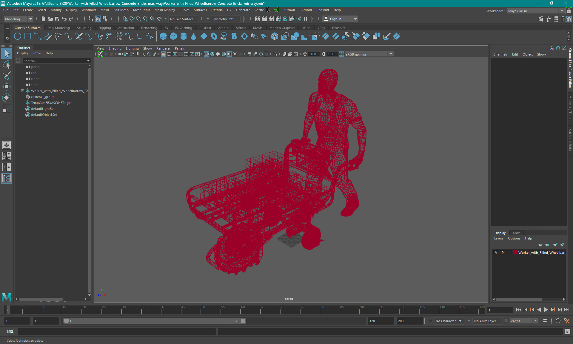 3D Worker with Filled Wheelbarrow Concrete Bricks