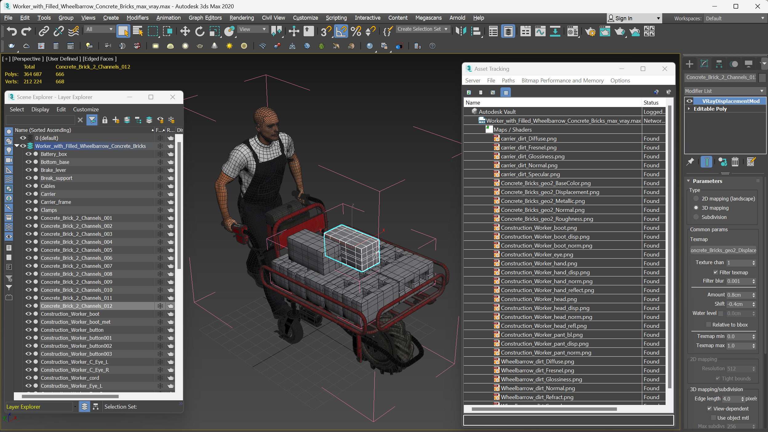 3D Worker with Filled Wheelbarrow Concrete Bricks