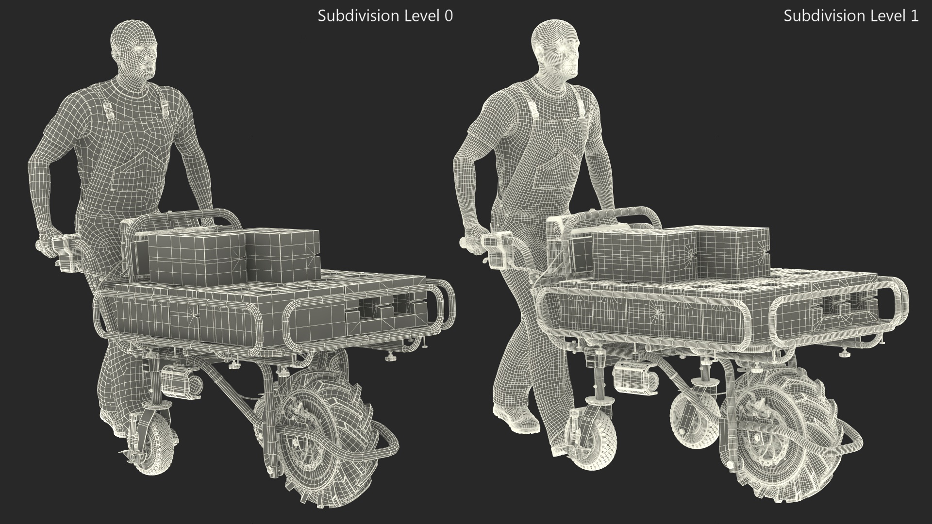 3D Worker with Filled Wheelbarrow Concrete Bricks