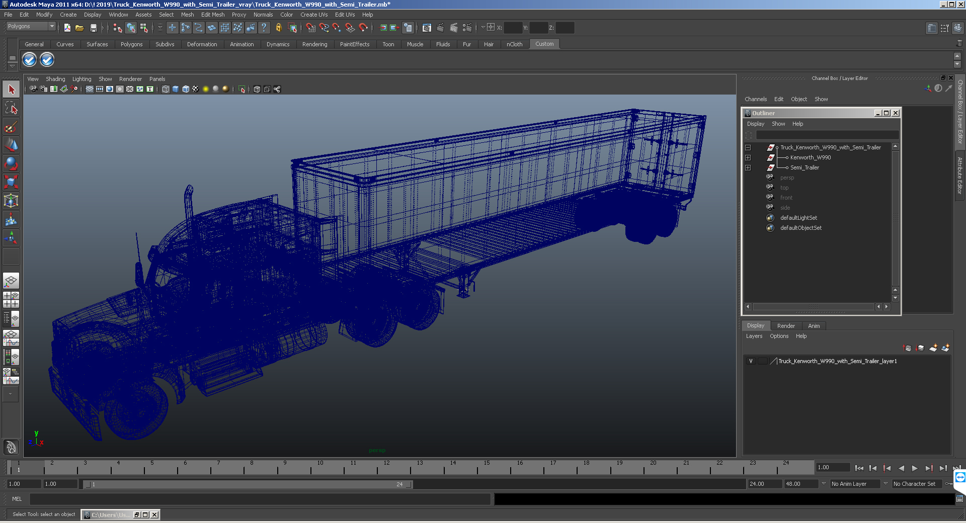 Truck Kenworth W990 with Semi Trailer 3D