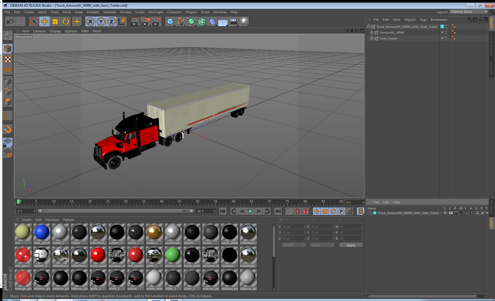 Truck Kenworth W990 with Semi Trailer 3D