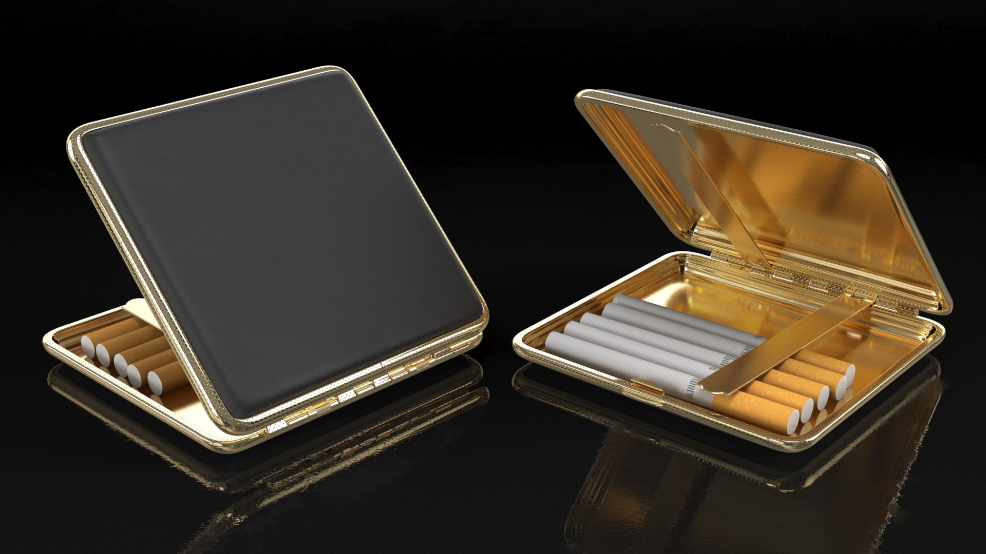 3D Metal Cigarette Case Gold and Black with Cigarettes