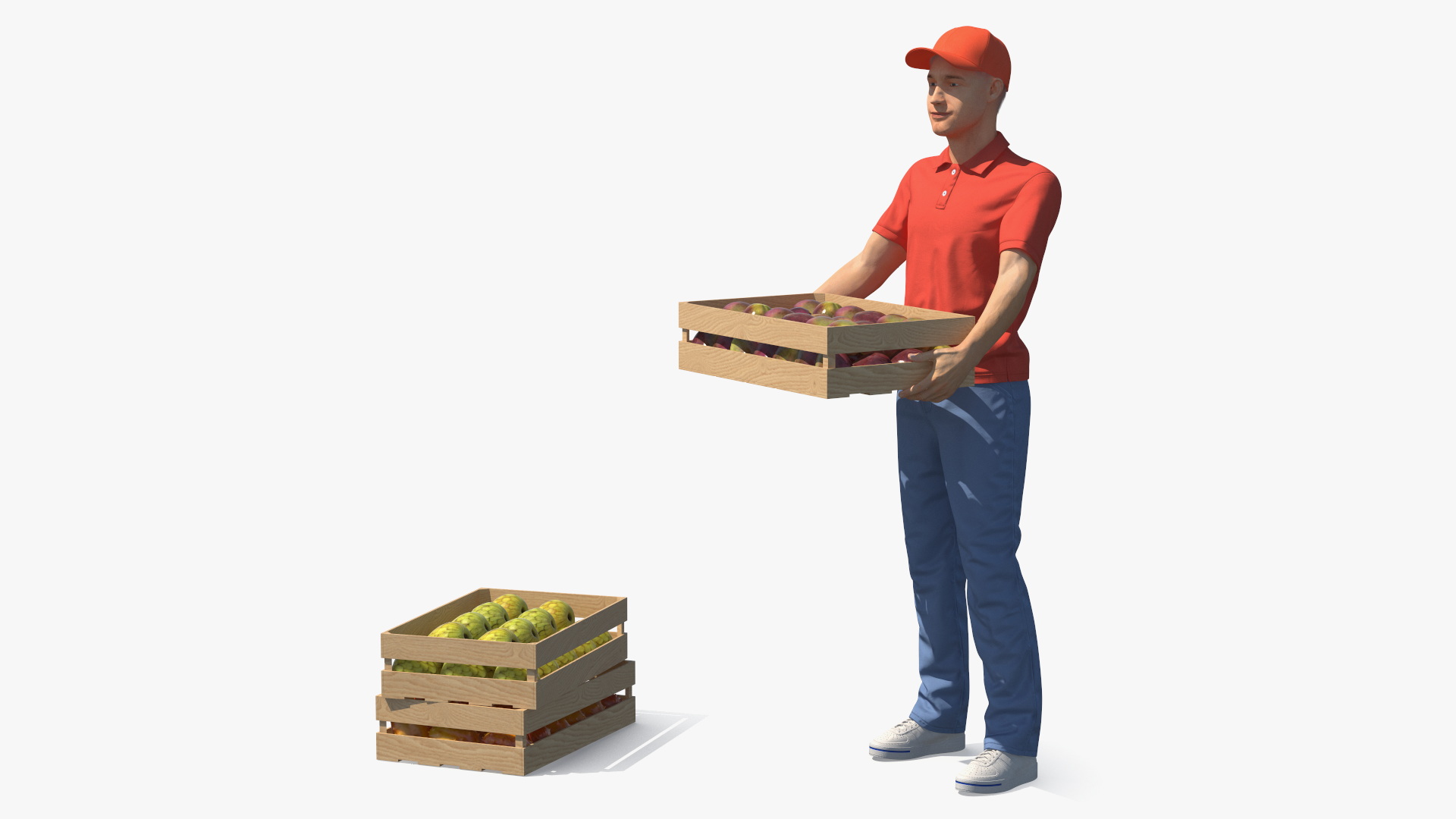 3D Delivery Man Carries A Box Of Fruits