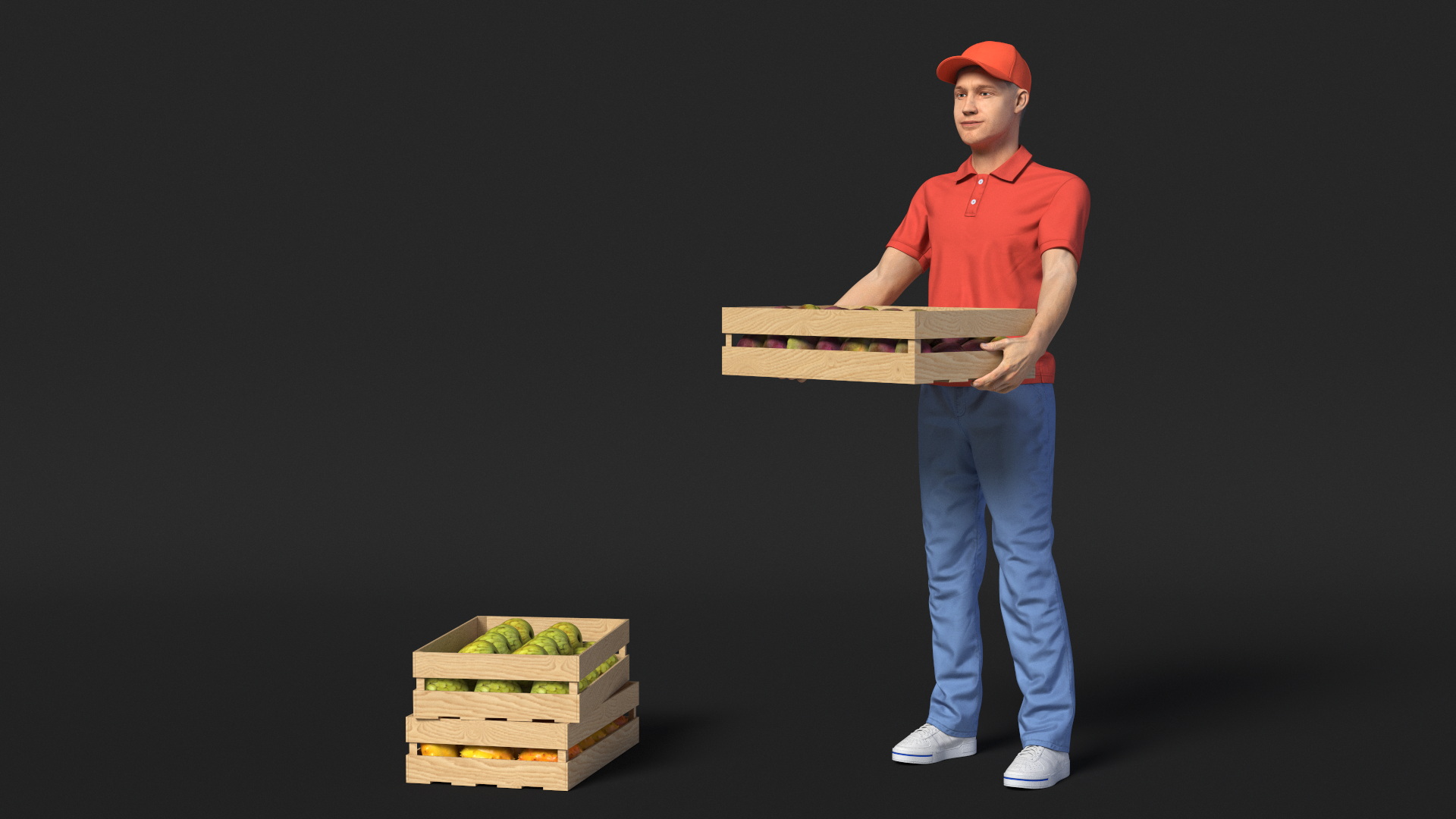 3D Delivery Man Carries A Box Of Fruits