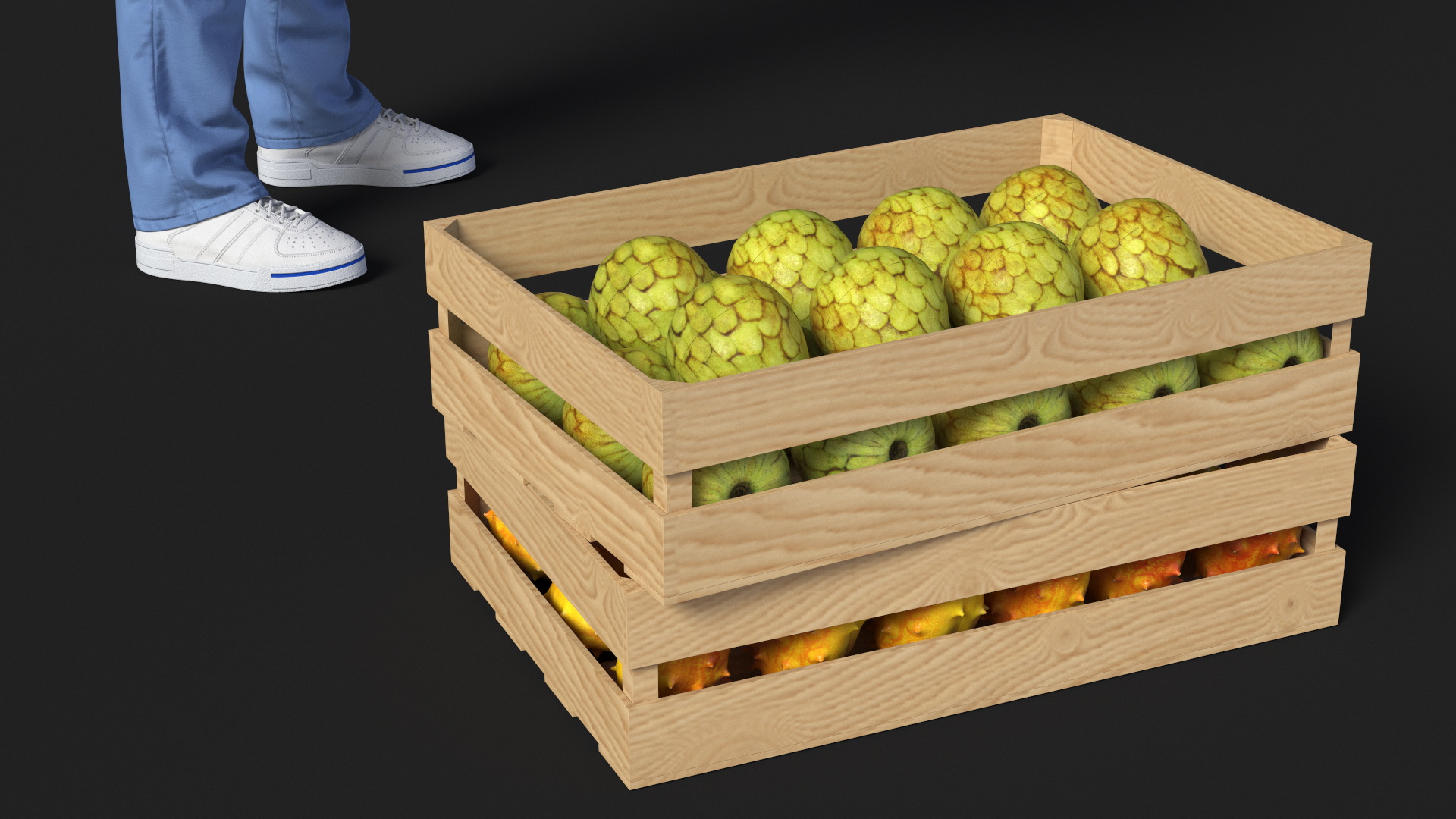 3D Delivery Man Carries A Box Of Fruits