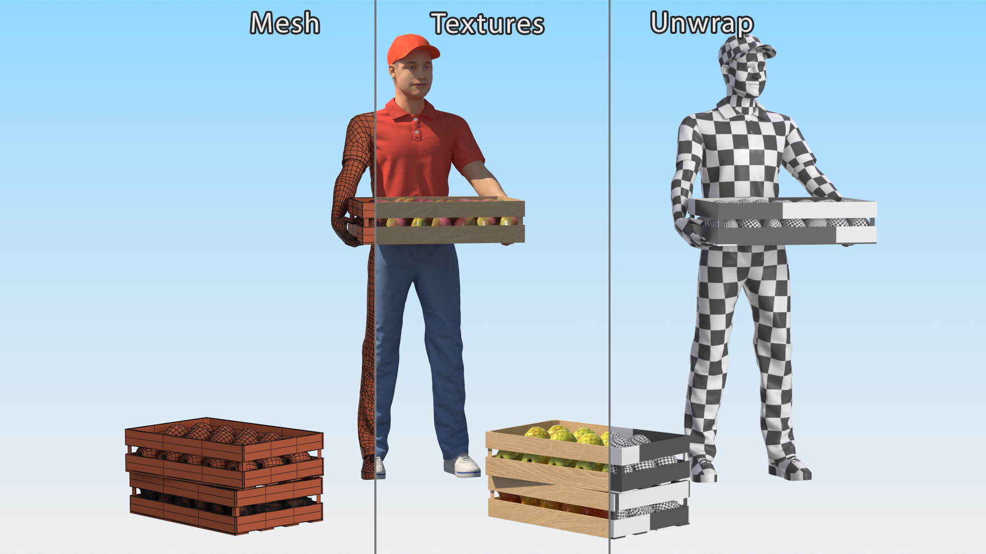 3D Delivery Man Carries A Box Of Fruits