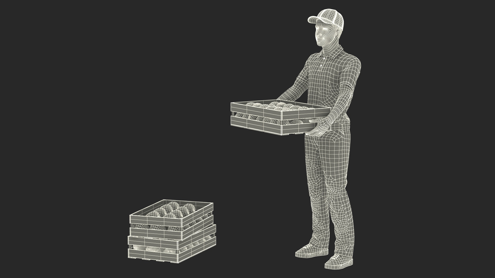 3D Delivery Man Carries A Box Of Fruits