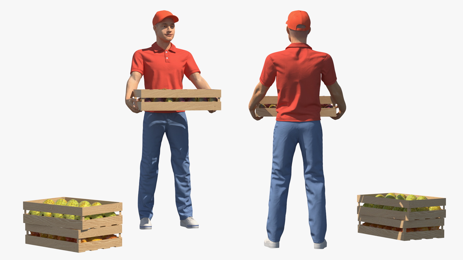 3D Delivery Man Carries A Box Of Fruits