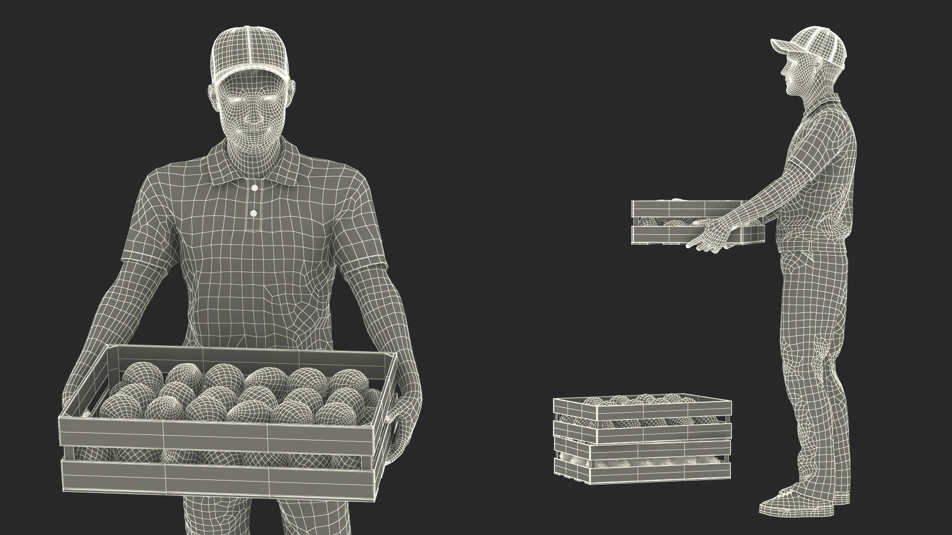 3D Delivery Man Carries A Box Of Fruits