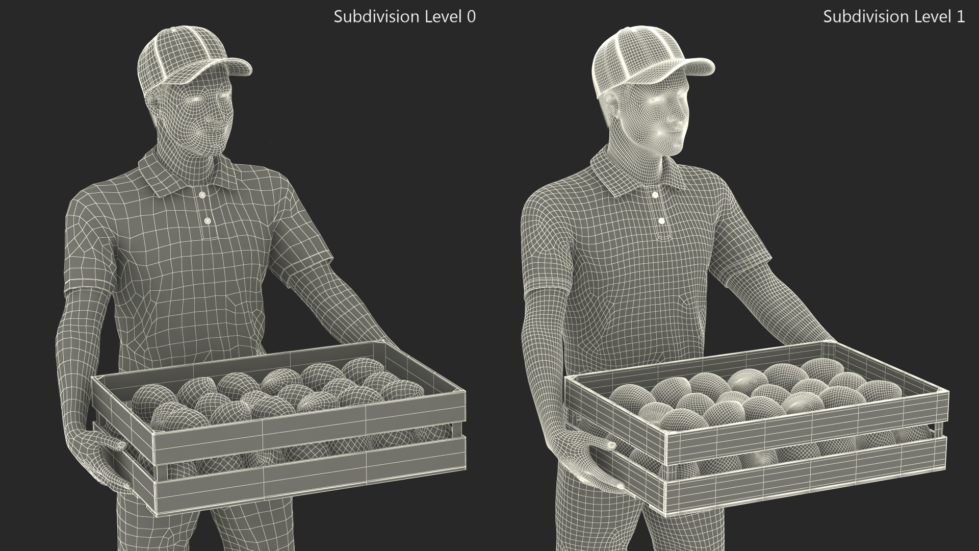 3D Delivery Man Carries A Box Of Fruits