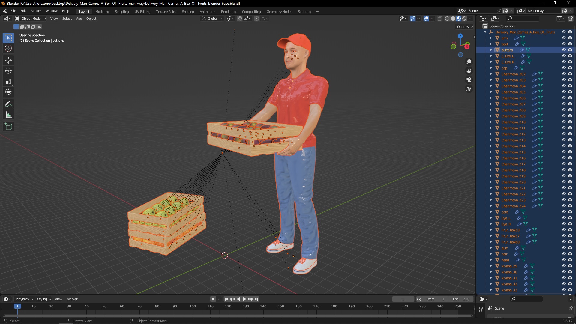 3D Delivery Man Carries A Box Of Fruits