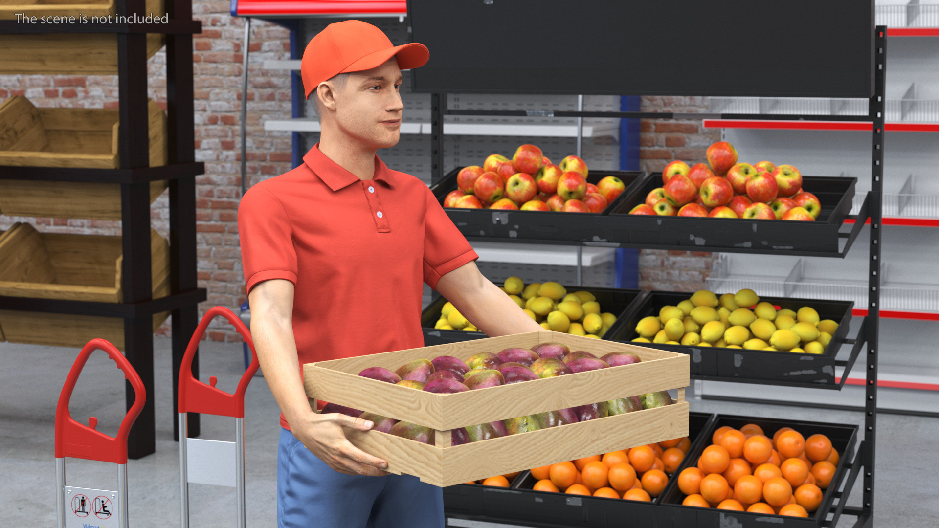 3D Delivery Man Carries A Box Of Fruits