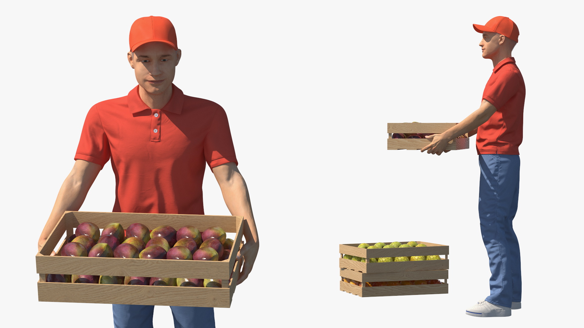 3D Delivery Man Carries A Box Of Fruits