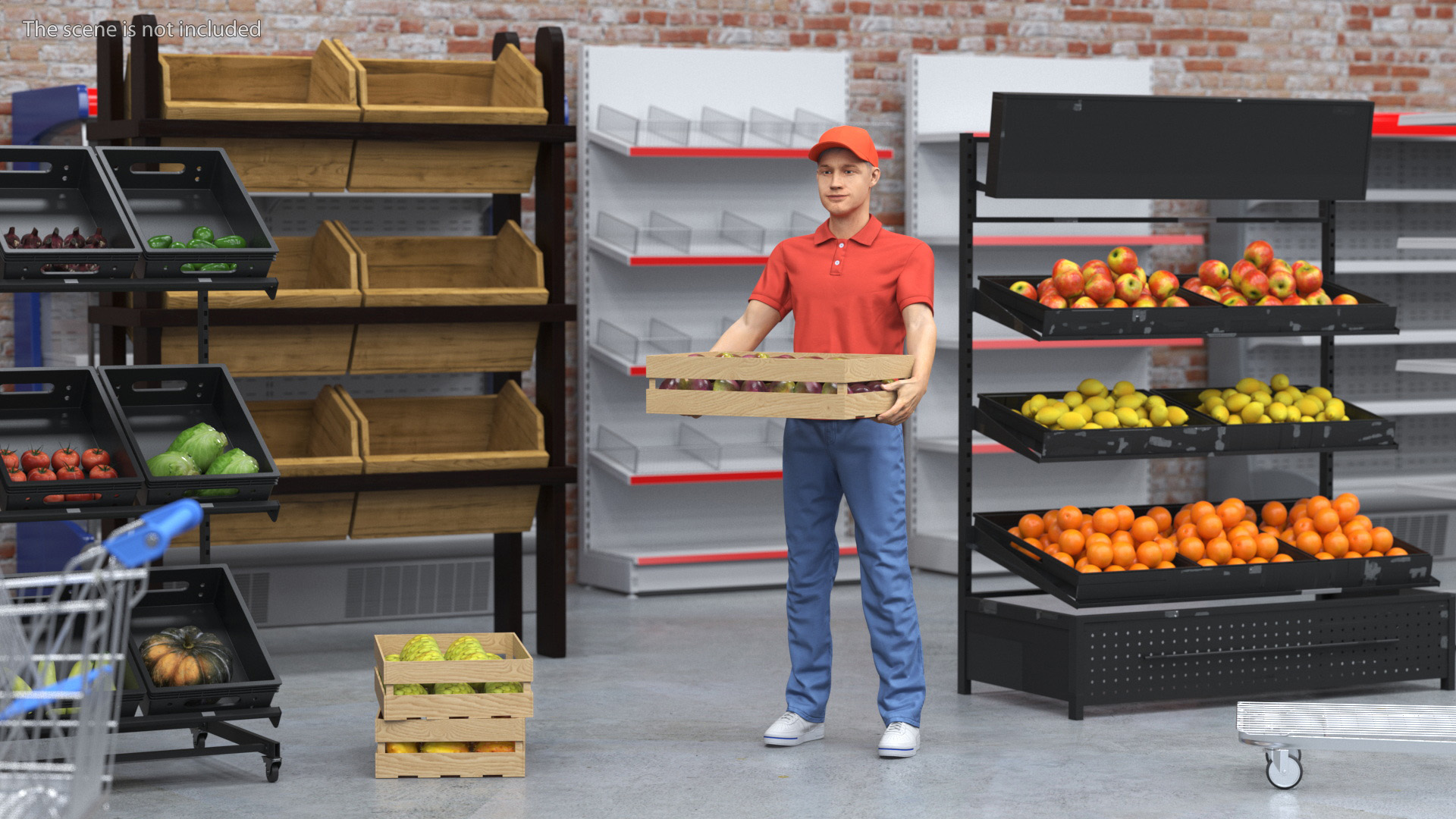 3D Delivery Man Carries A Box Of Fruits