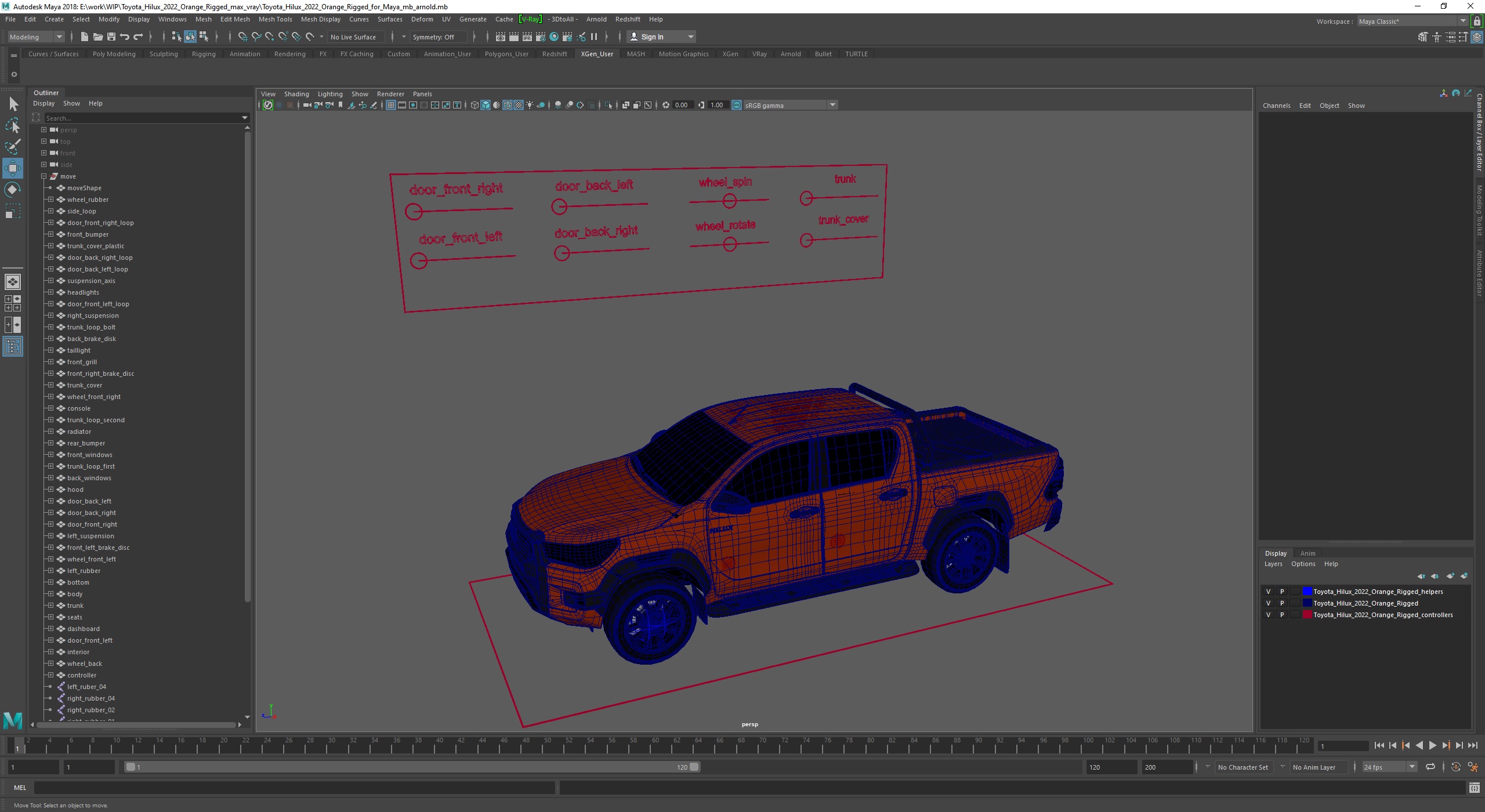 3D model Toyota Hilux 2022 Orange Rigged for Maya