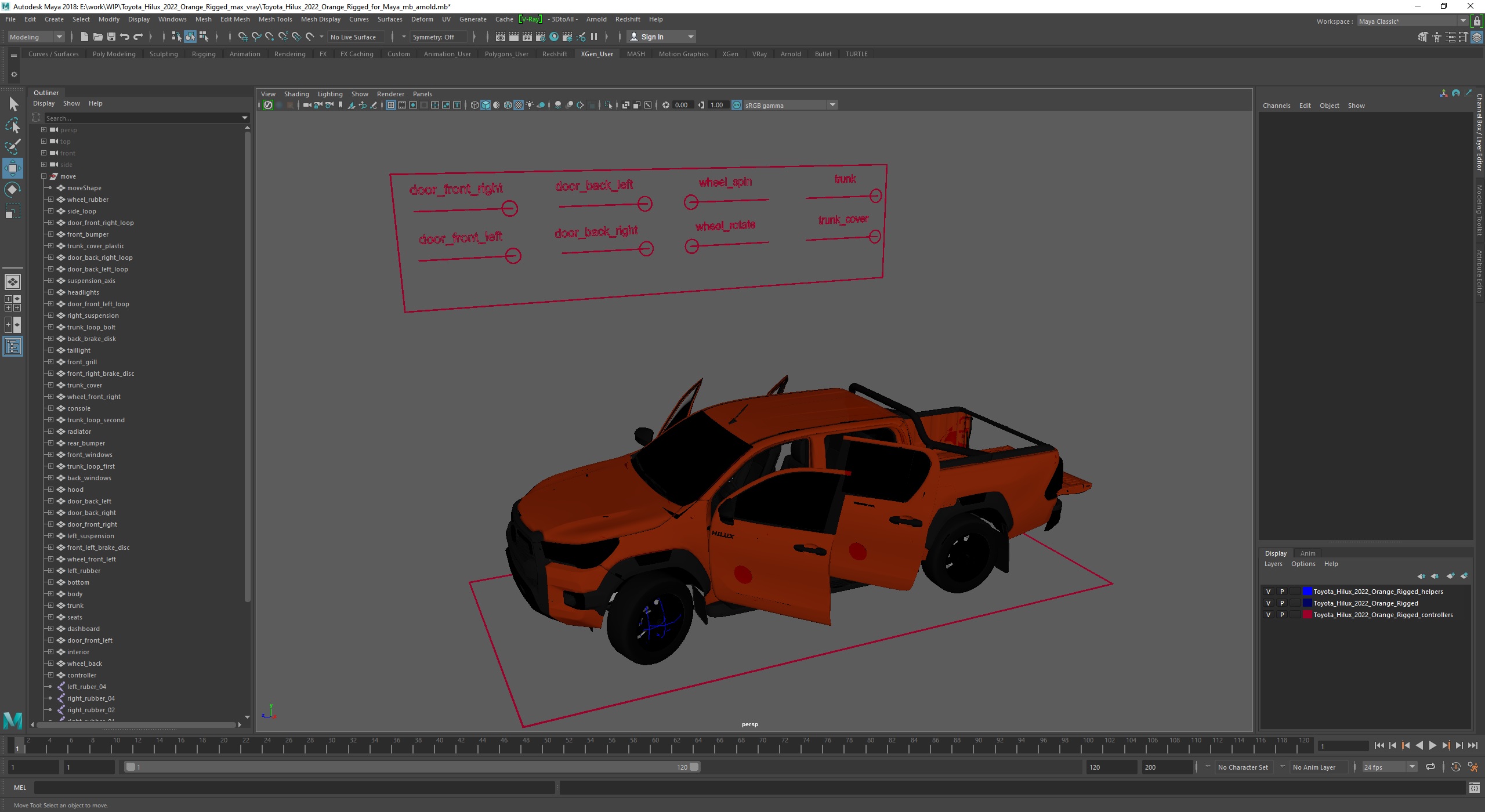 3D model Toyota Hilux 2022 Orange Rigged for Maya