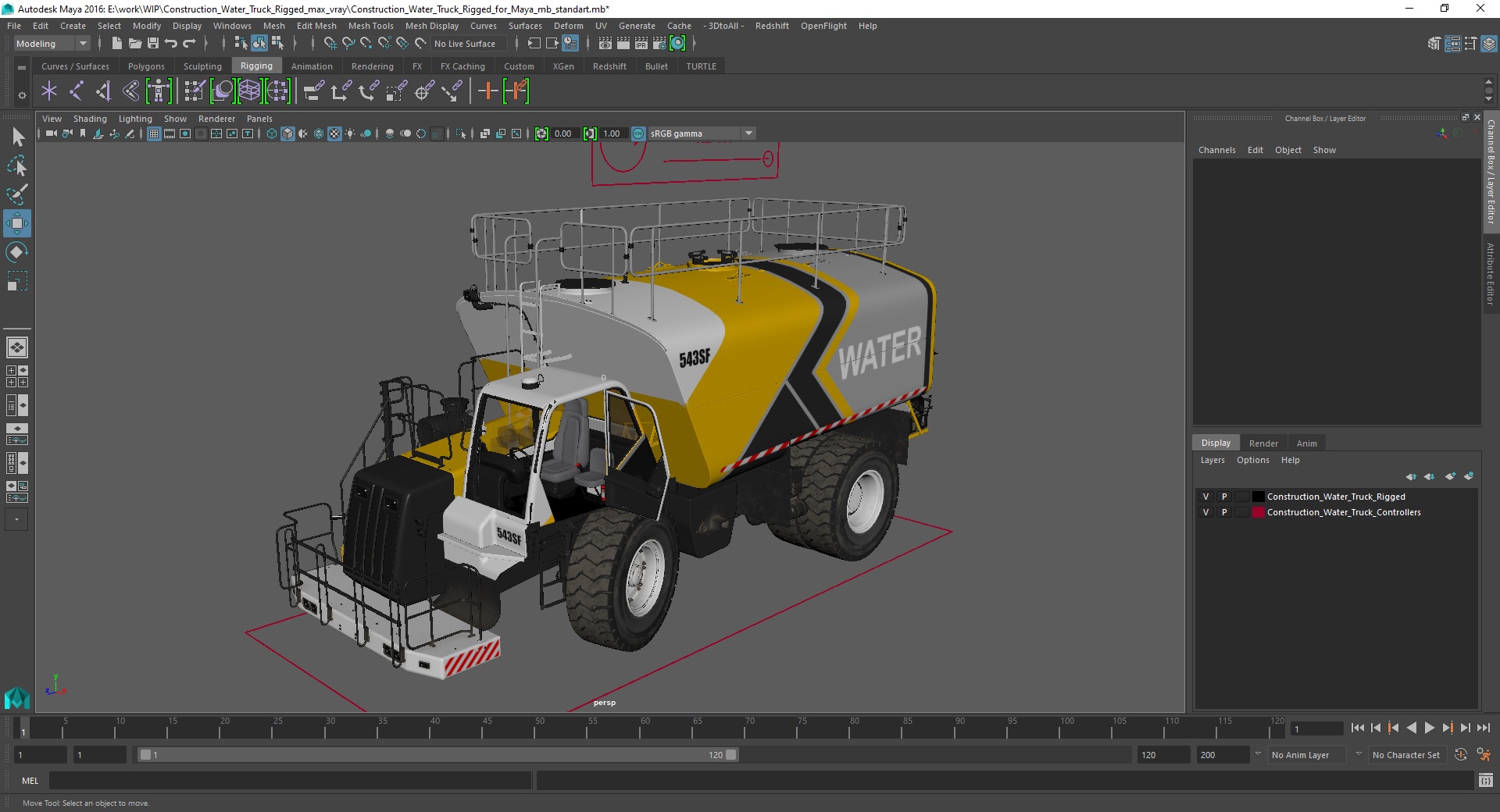 3D model Construction Water Truck Rigged for Maya