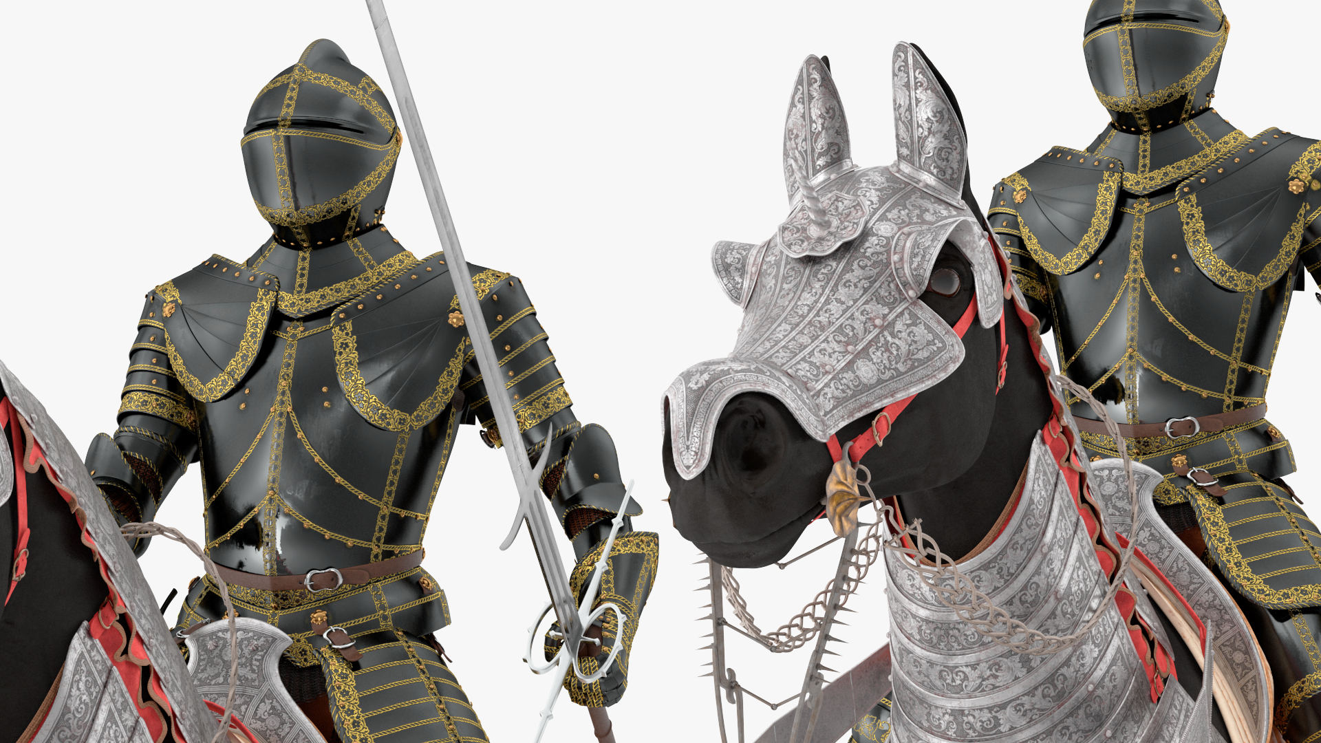 3D Medieval Horse in Armor with Knight Riding Fur