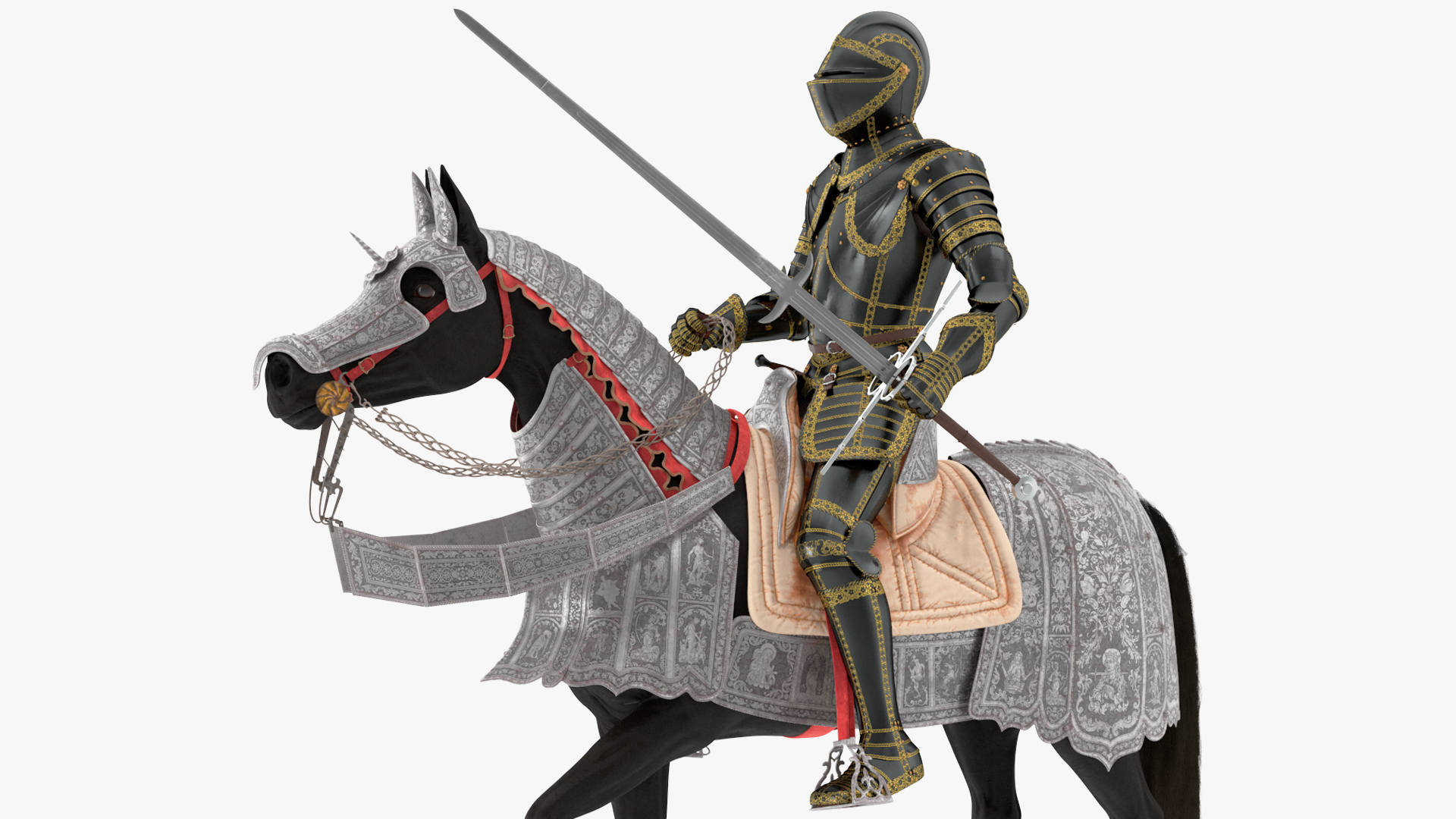 3D Medieval Horse in Armor with Knight Riding Fur