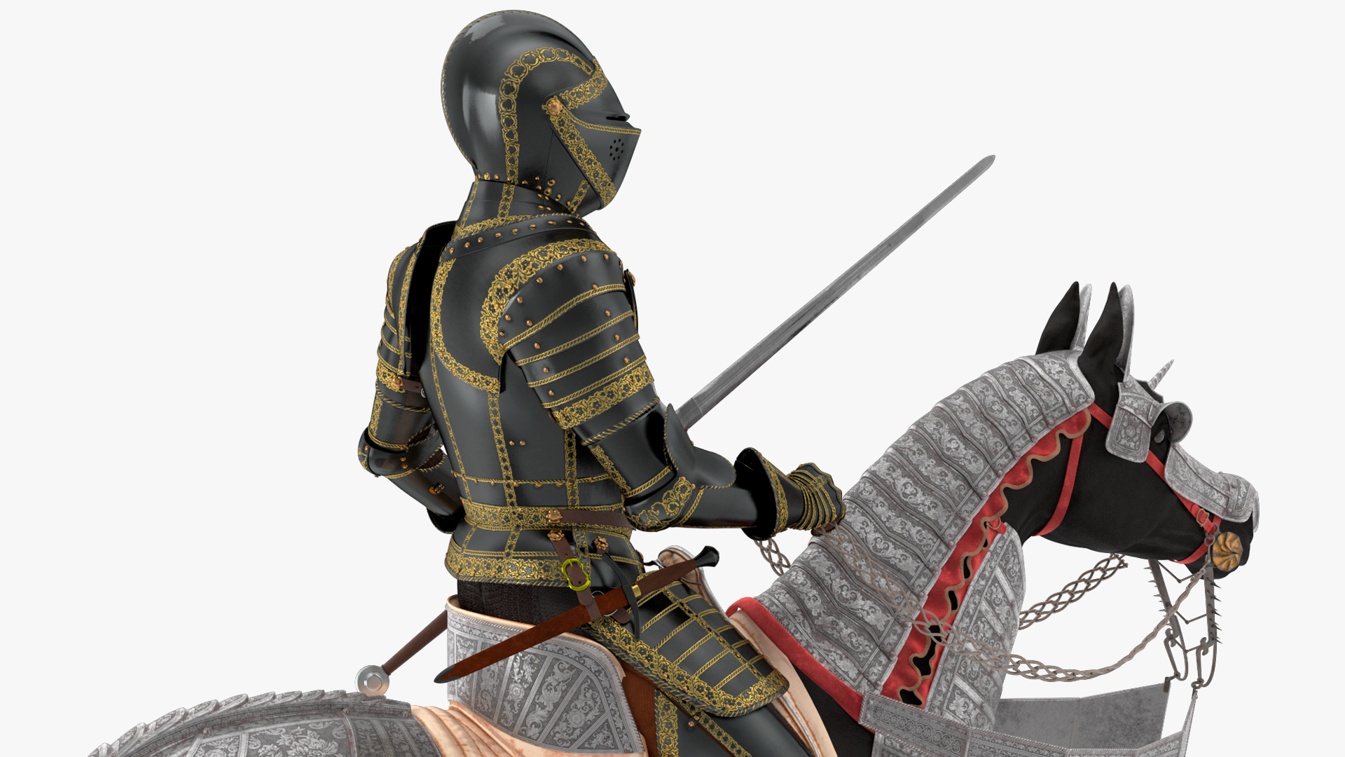 3D Medieval Horse in Armor with Knight Riding Fur