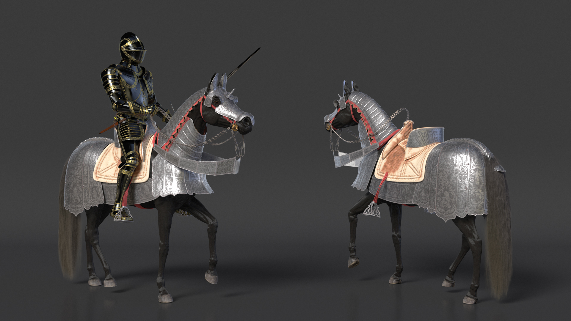 3D Medieval Horse in Armor with Knight Riding Fur