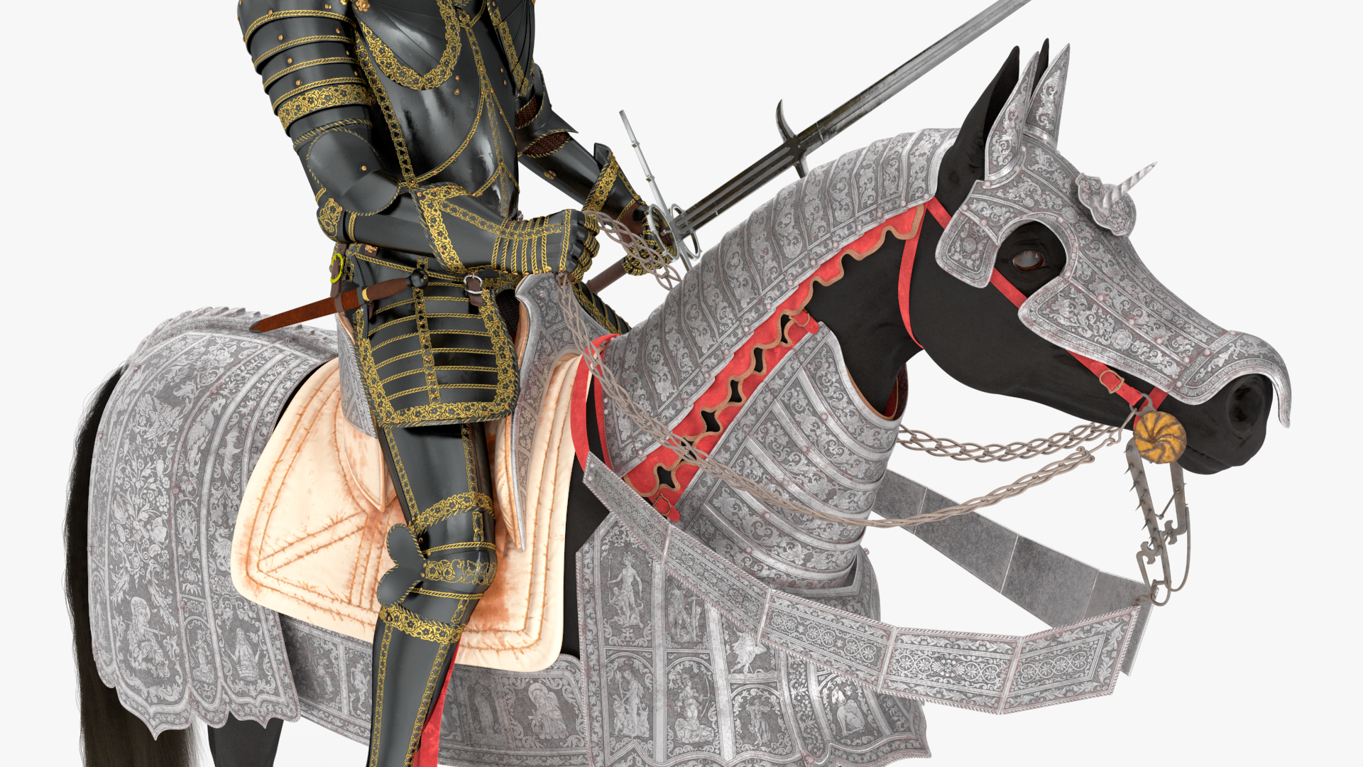 3D Medieval Horse in Armor with Knight Riding Fur