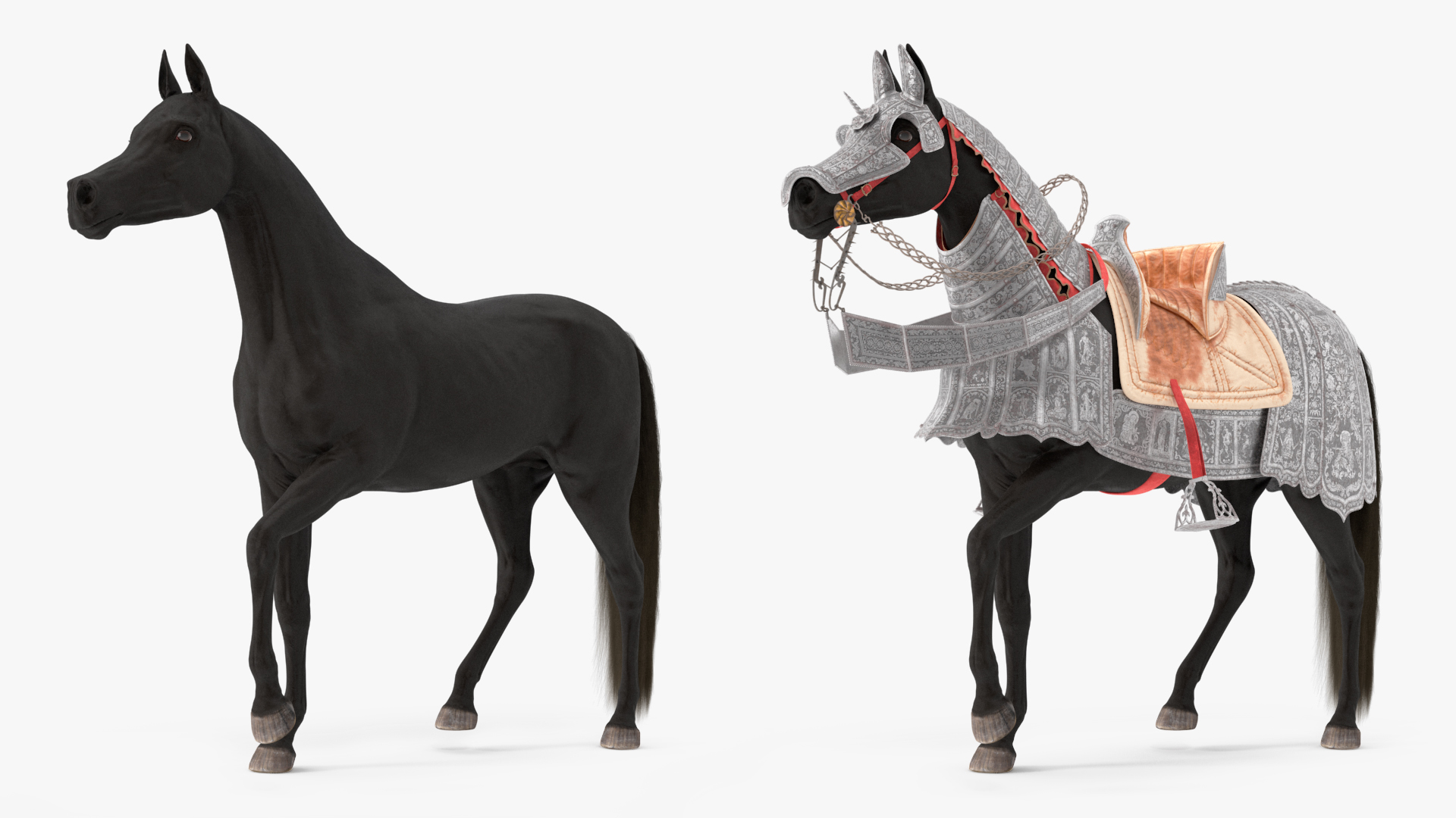 3D Medieval Horse in Armor with Knight Riding Fur