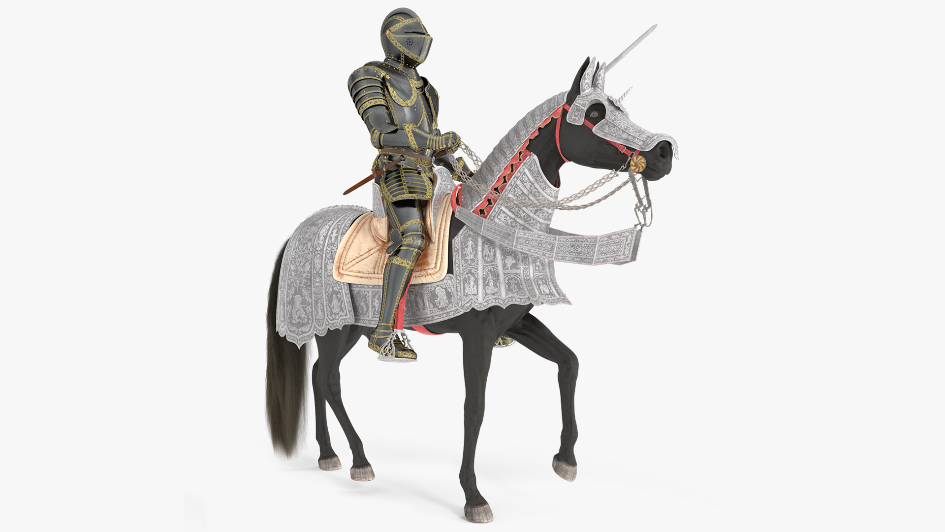 3D Medieval Horse in Armor with Knight Riding Fur