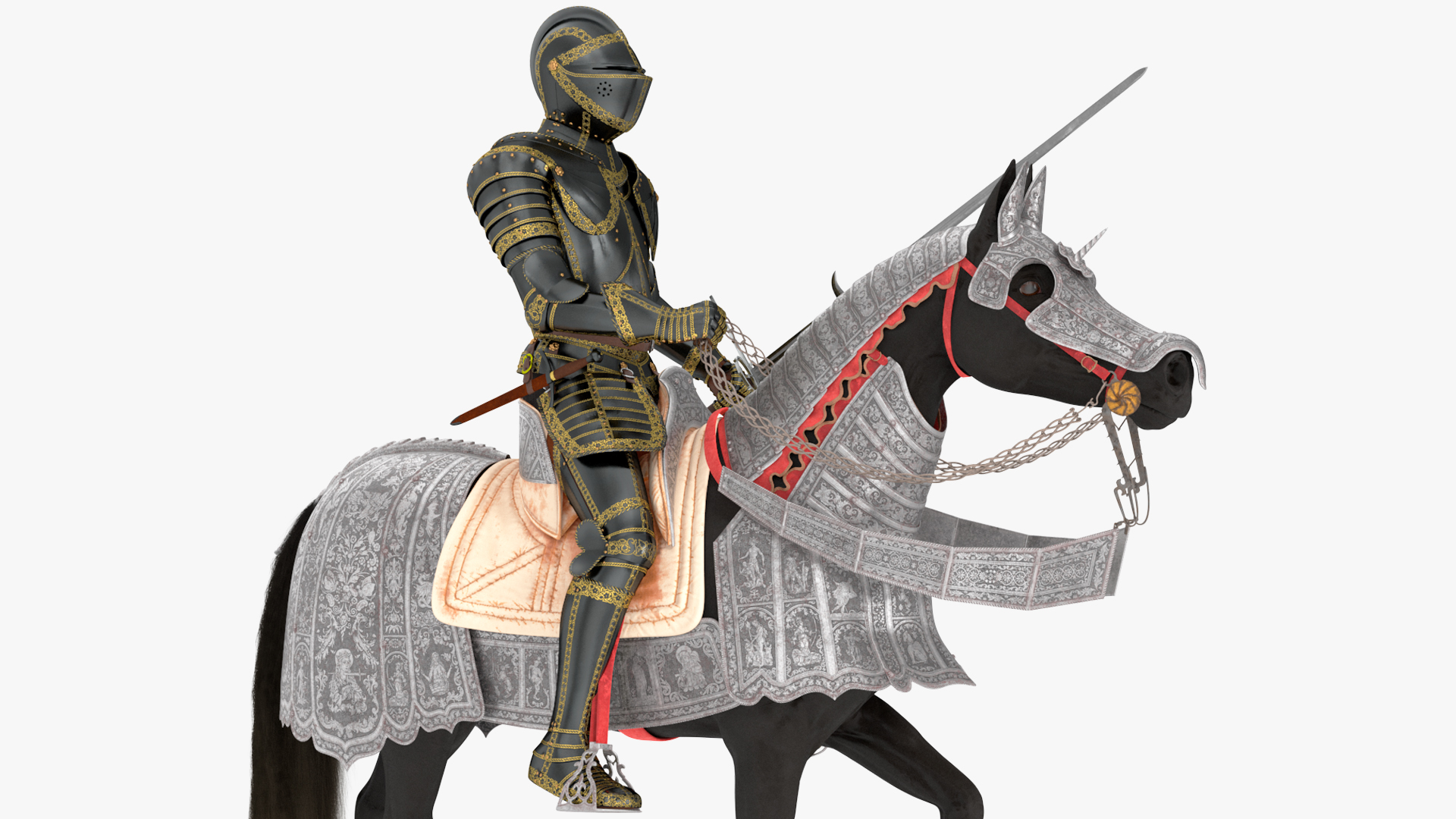 3D Medieval Horse in Armor with Knight Riding Fur