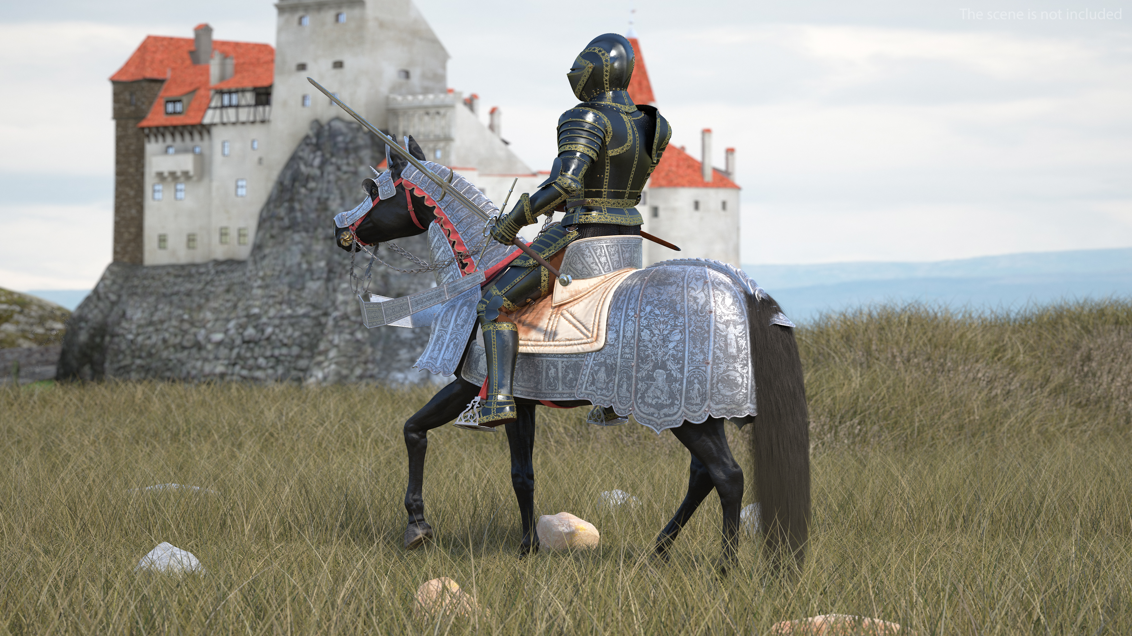 3D Medieval Horse in Armor with Knight Riding Fur