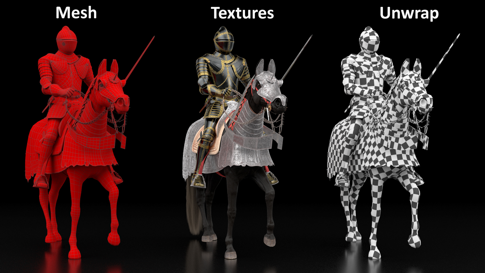 3D Medieval Horse in Armor with Knight Riding Fur